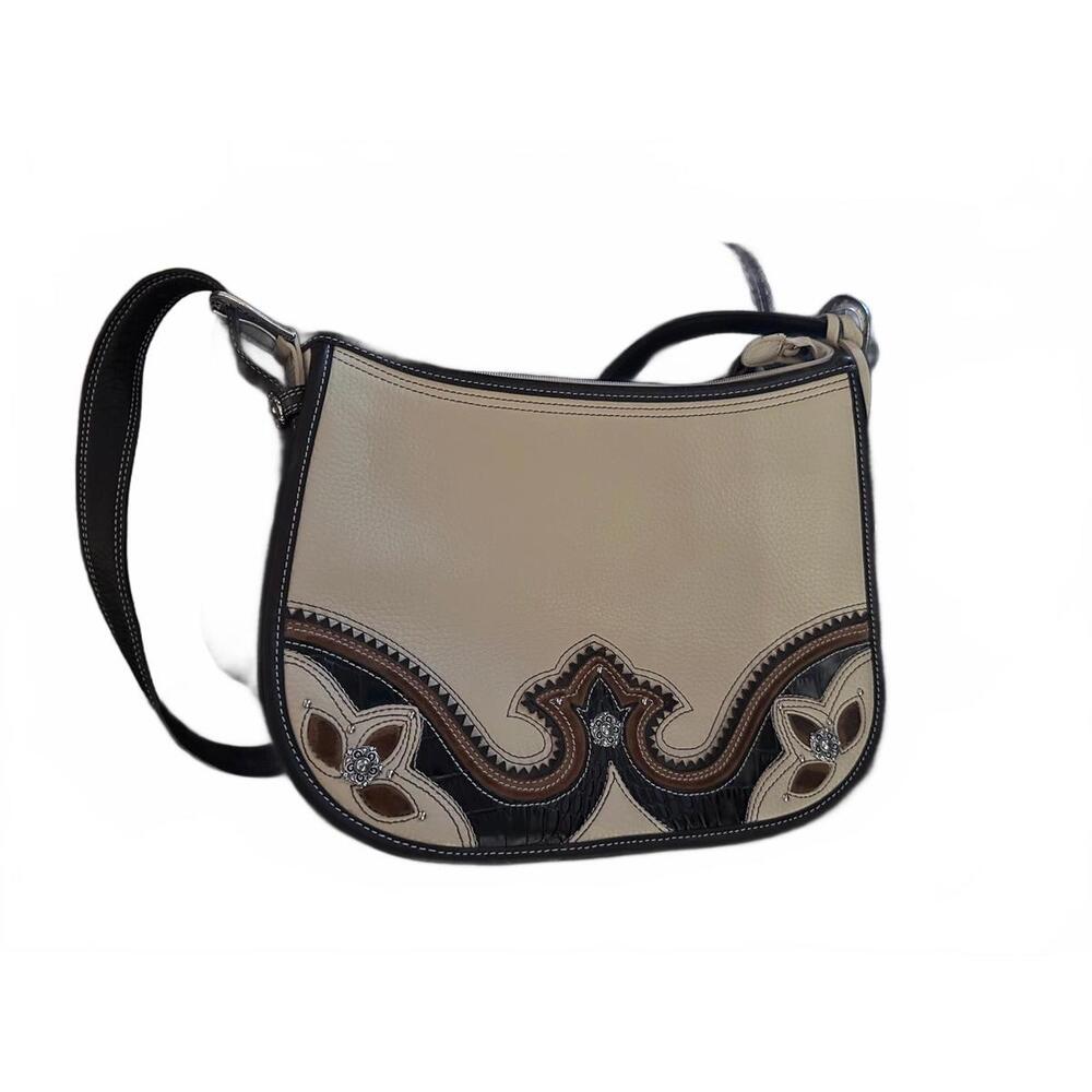 Elegant Beige and Brown Women's Shoulder Bag with Floral Detailing